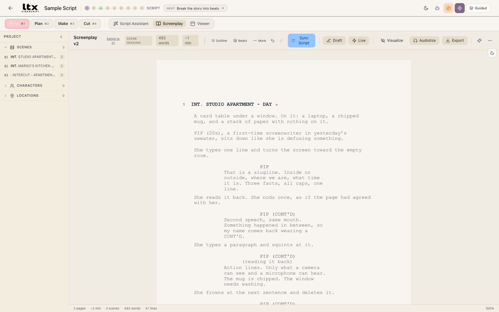 The screenplay editor showing the bundled sample script, formatted as a proper screenplay.