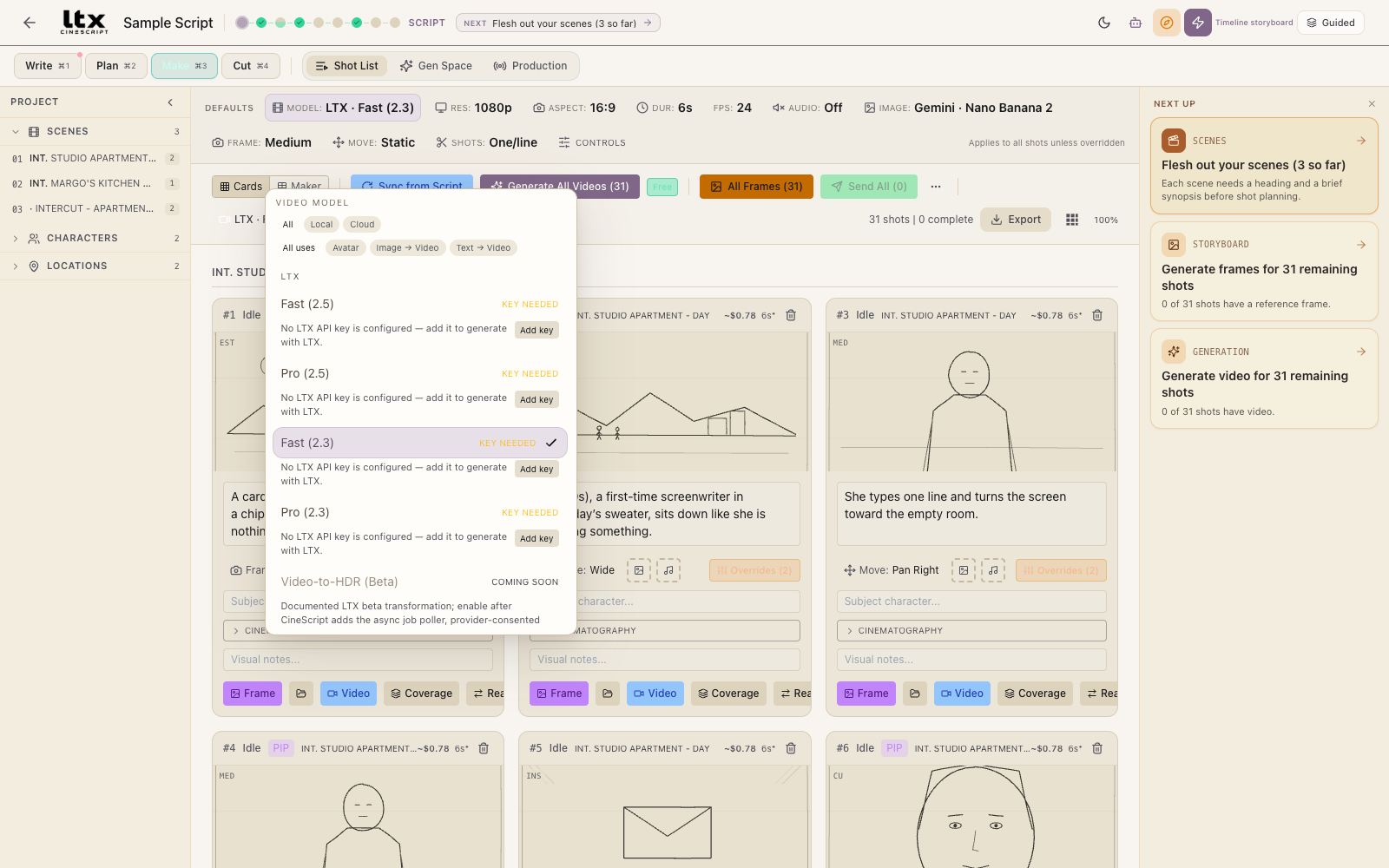 The video model picker, filtered by where a model runs and what it is for, with per-model availability labels like 'Key needed' and 'Needs NVIDIA GPU'.