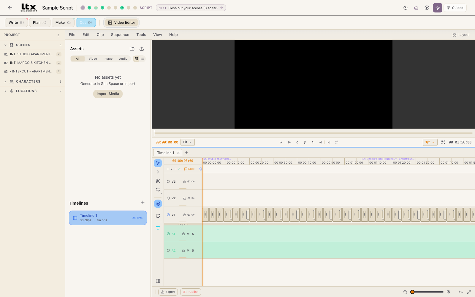 The video editor timeline with every shot from the script laid out as placeholder clips, grouped by scene, before anything has been generated.