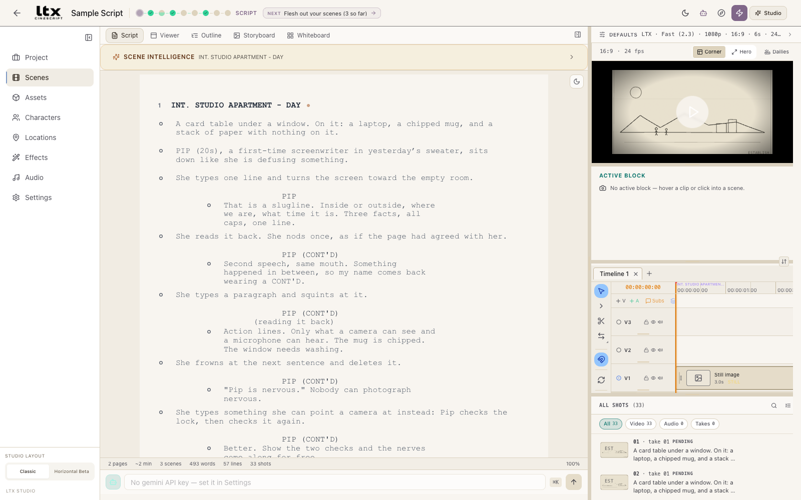The Studio workspace: the screenplay on the left; the viewfinder, timeline, and shot list on the right.