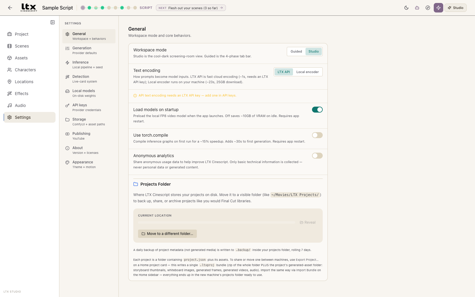 Settings, General: workspace mode, text encoding choice, model loading on startup, and the anonymous-analytics toggle, off.